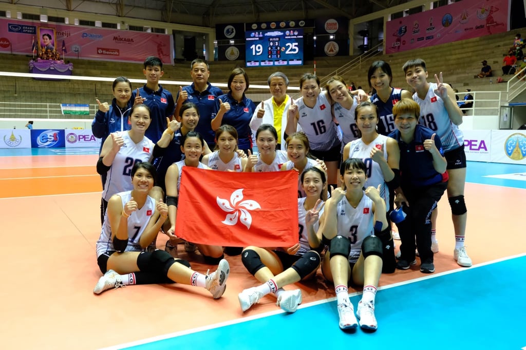 Hong Kong celebrate after defeating Uzbekistan in their final match of the AVC Women’s Challenge Cup. Photo: AVC Hong Kong celebrate after defeating Uzbekistan in their final match of the AVC Women’s Challenge Cup. Photo: AVC