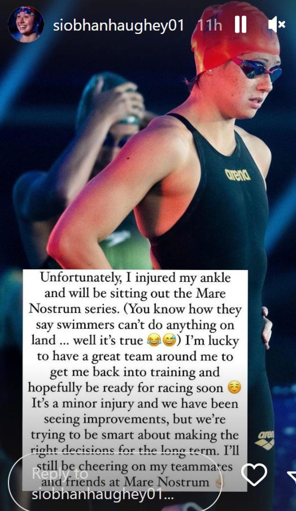 Siobhan Haughey detailed her injury in a social media post. Photo: Instagram Siobhan Haughey detailed her injury in a social media post. Photo: Instagram