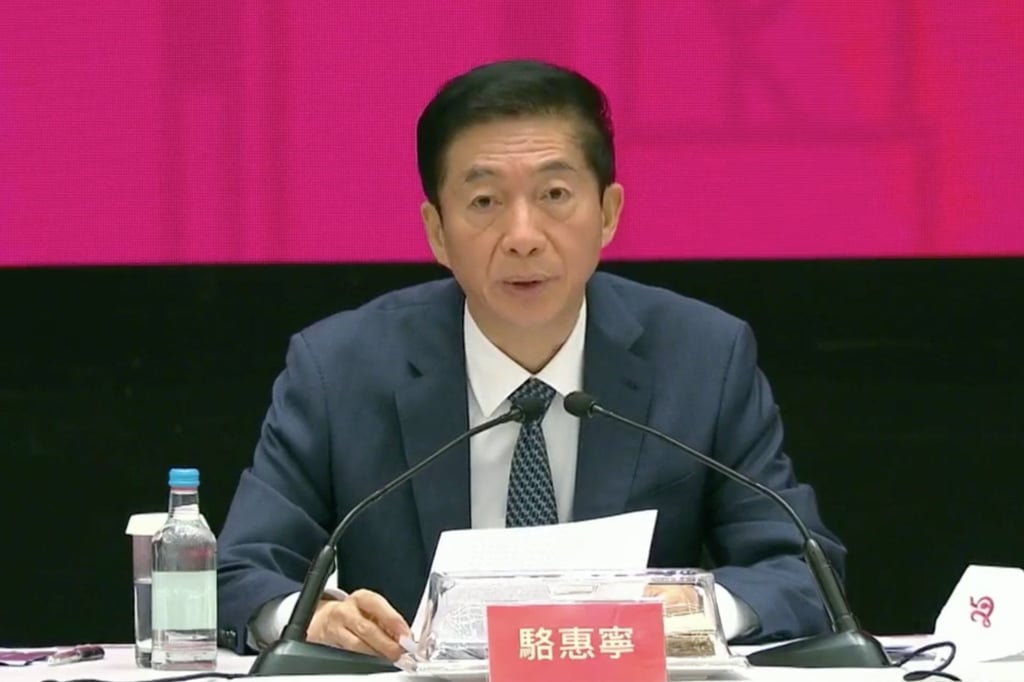 Luo Huining, director of Beijing’s liaison office in Hong Kong, speaks at a seminar on Saturday. Photo: RTHK