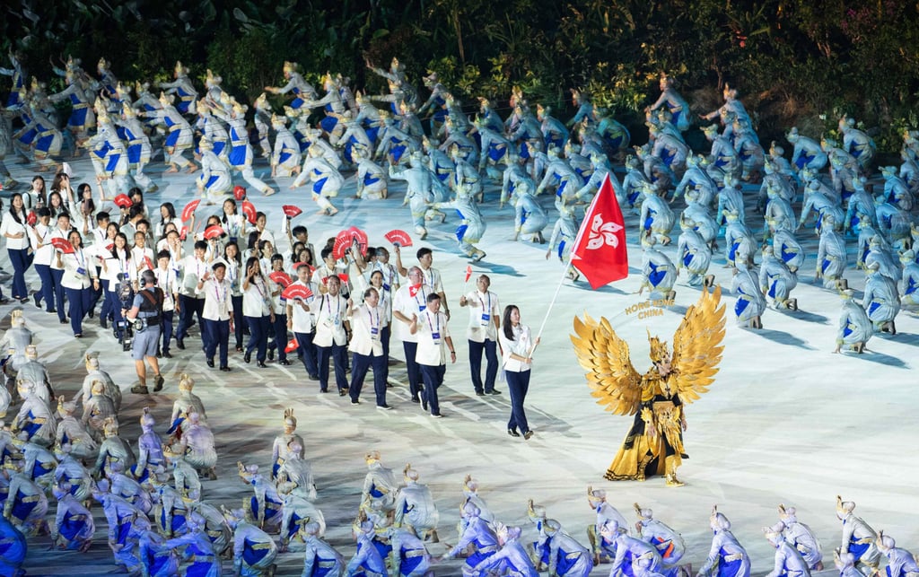The Hong Kong team enter the arena at the opening ceremony of the 2018 Asian Games in Jakarta. Photo: Xinhua