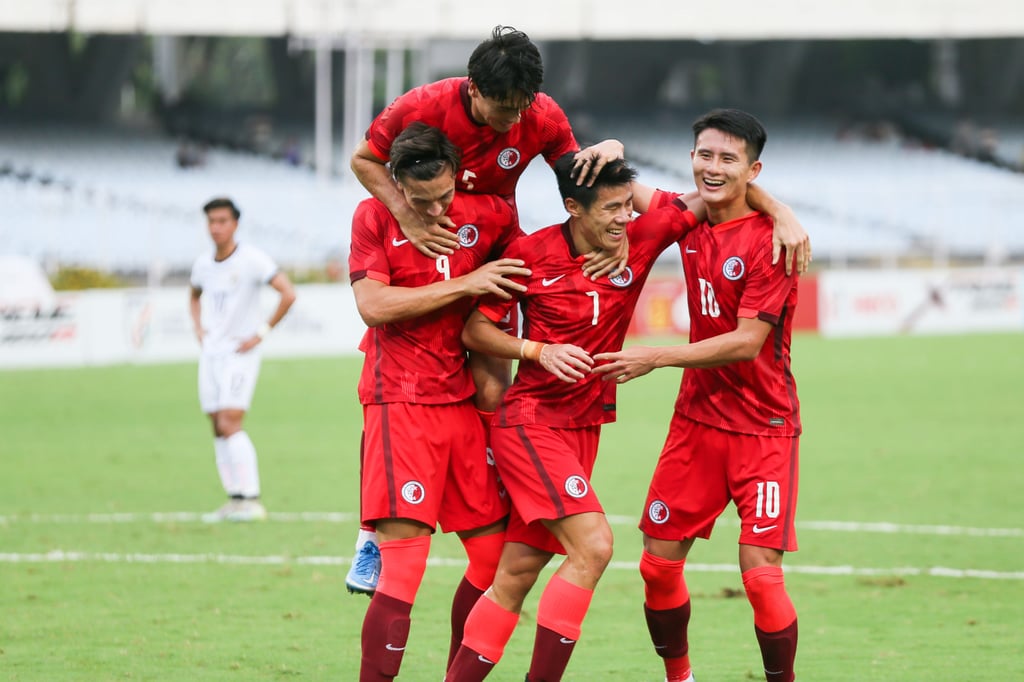 Hong Kong players celebrate scoring against Cambodia in the 2023 Asian Cup qualifiers in Kolkata. Photo: HKFA