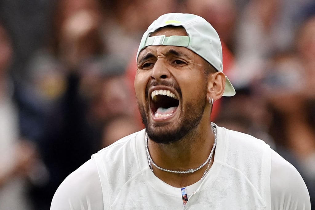 Australia’s Nick Kyrgios celebrates after beating Greece’s Stefanos Tsitsipas on day six of Wimbledon. Photo: AFP