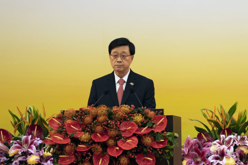 John Lee Ka-chiu spoke during his swearing-in ceremony as Hong Kong’s Chief Executive on July 1, 2022. Photo: Bloomberg