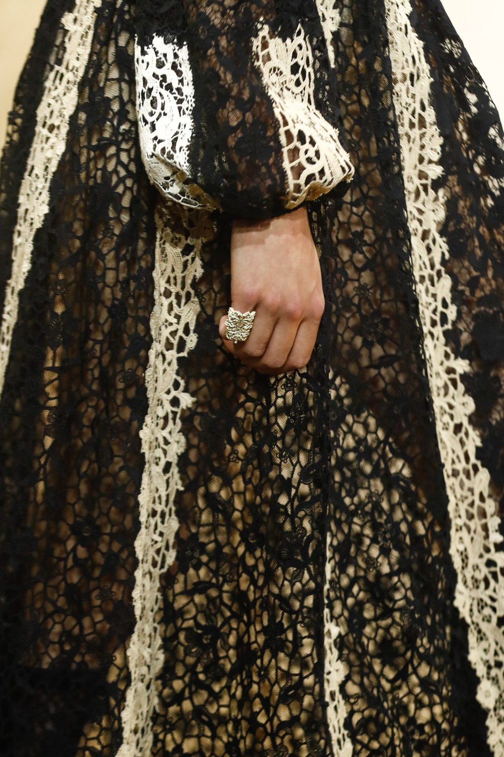 A close-up of the embroidery work on a black-and-white creation from the autumn/winter 2022-23 haute couture collection for fashion house Dior by designer Maria Grazia Chiuri presented during the Paris Fashion Week, in Paris, France, July 4. Photo: EPA-EFE