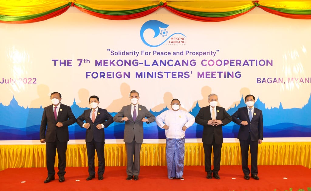 Chinese Foreign Minister Wang Yi (third from left) with his counterparts from the Lancang-Mekong Cooperation in Bagan, Myanmar on Monday. Photo: Xinhua Chinese Foreign Minister Wang Yi (third from left) with his counterparts from the Lancang-Mekong Cooperation in Bagan, Myanmar on Monday. Photo: Xinhua