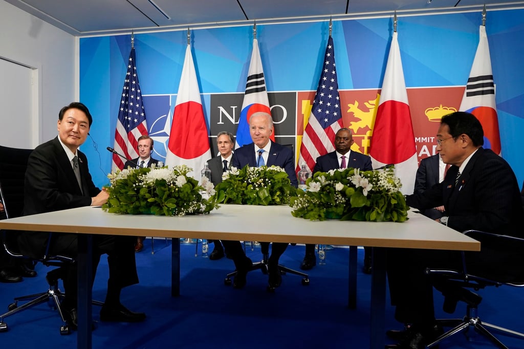 South Korean President Yoon Suk-yeol (left) meets US President Joe Biden and Japanese Prime Minister Fumio Kishida during the Nato summit in Madrid last week. Photo: AP South Korean President Yoon Suk-yeol (left) meets US President Joe Biden and Japanese Prime Minister Fumio Kishida during the Nato summit in Madrid last week. Photo: AP