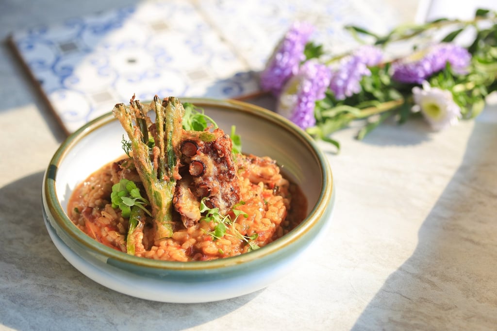 Octopus rice with spring onion, green asparagus and octopus tempura at Casa Lisboa.