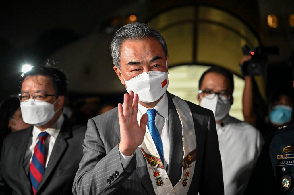 Chinese Foreign Minister Wang Yi arrives at Villamor Airbase in Pasay City, Metro Manila, on Tuesday evening. Photo: EPA-EFE