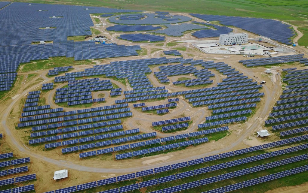 Solar panels arranged into the likeness of a giant panda at the Datong Panda Power Plant in the Shanxi provincial city of Datong in northern China on 25 July 2017. Photo: EPA
