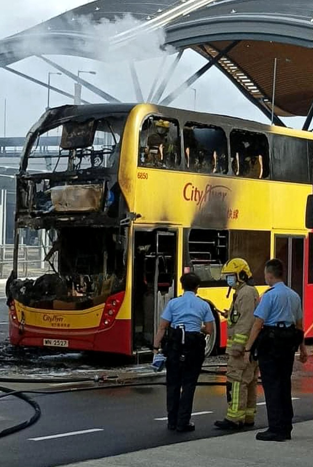 The front of a Cityflyer bus which was set on fire at the local port of the Hong Kong-Zhuhai-Macau Bridge. Photo: Facebook