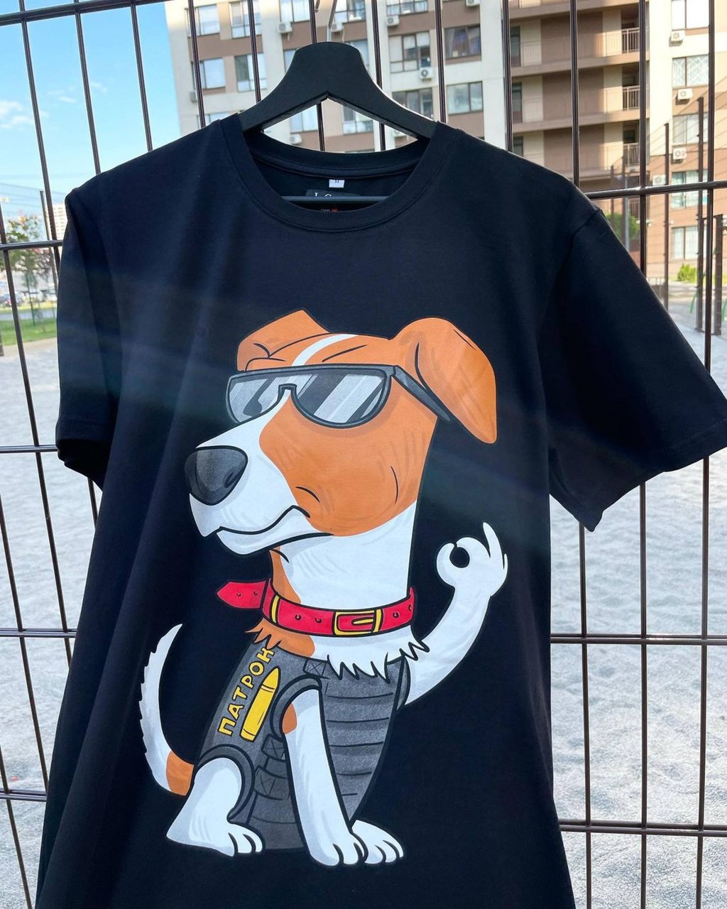 This T-shirt by Kyiv-based label J. Cook depicts Patron, a Jack Russell dog skilled at finding landmines. Photo: Instagram This T-shirt by Kyiv-based label J. Cook depicts Patron, a Jack Russell dog skilled at finding landmines. Photo: Instagram
