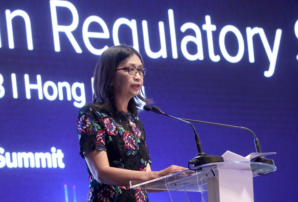 Securities and Futures Commission (SFC) deputy chief executive Julia Leung Fung-yee speaks at the 2018 Pan Asian Regulatory Summit in Hong Kong. Leung is tipped to be a front-runner to succeed Alder. Photo: SCMP / Dickson Lee