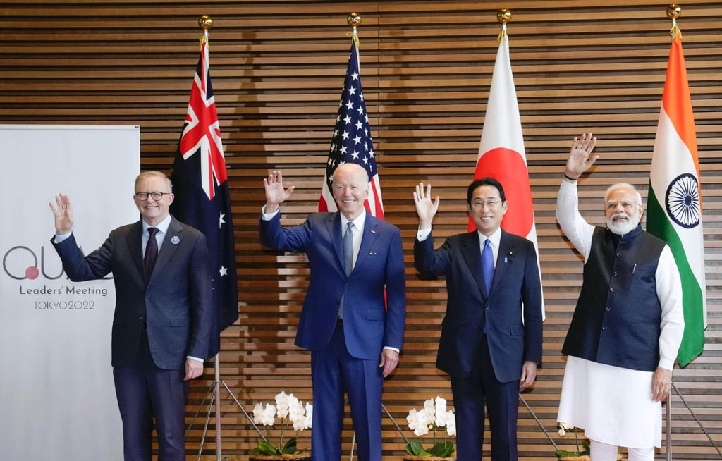 From the left, Australian Prime Minister Anthony Albanese, US President Joe Biden, Japanese Prime Minister Fumio Kishida and Indian Prime Minister Narendra Modi gather for the Quad summit in Tokyo on May 24. Photo: Kyodo