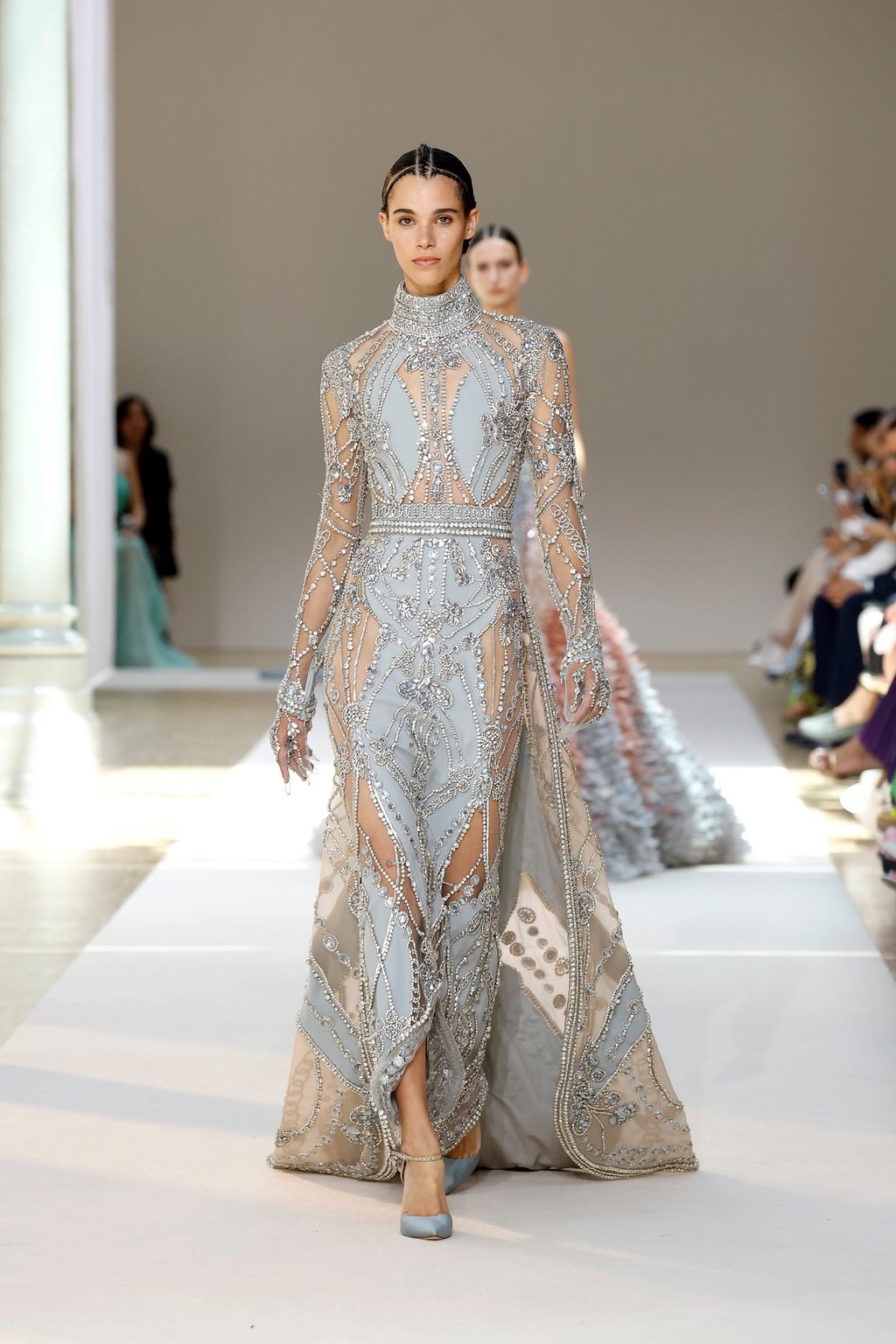 Elie Saab’s women’s haute couture autumn/winter 2022-2023 collection presented at Paris Fashion Week, on July 6, featured plenty of sheer details. Photo: Xinhua