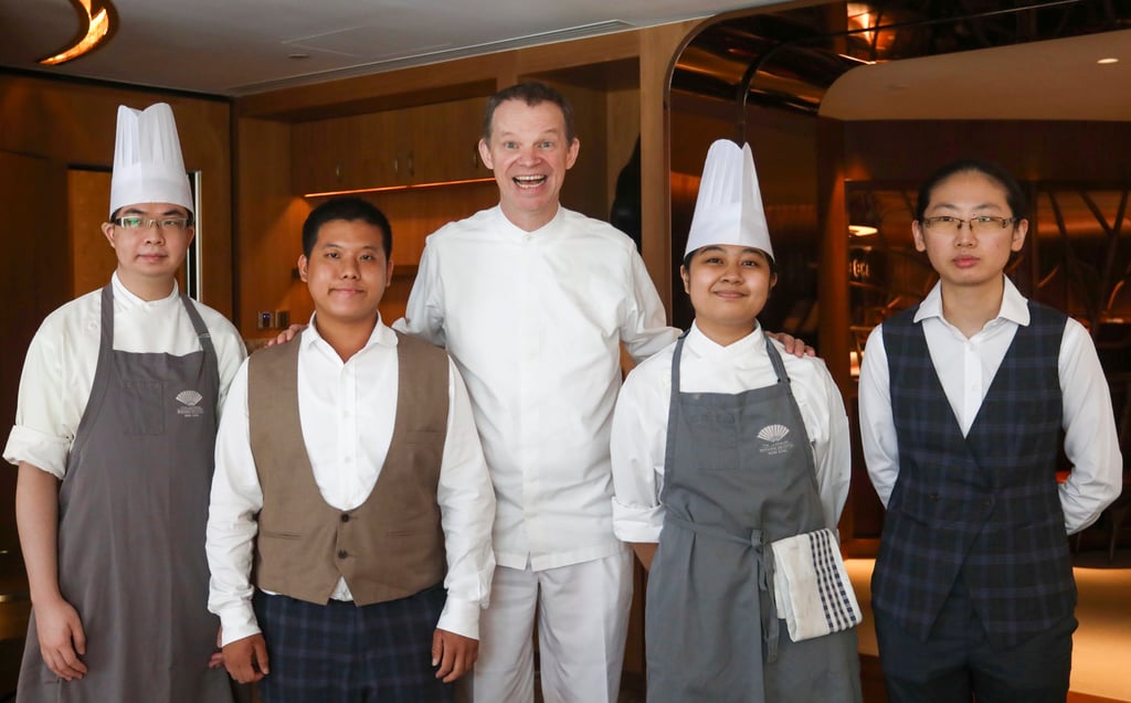 Daphne Esteban (second right) with The Landmark Mandarin Oriental culinary director Richard Ekkebus (centre) and her fellow Shining Star Programme students (from left) Gu Shi-yi, Richee Lee, and Kwok Ka-fung. Photo: Jonathan Wong