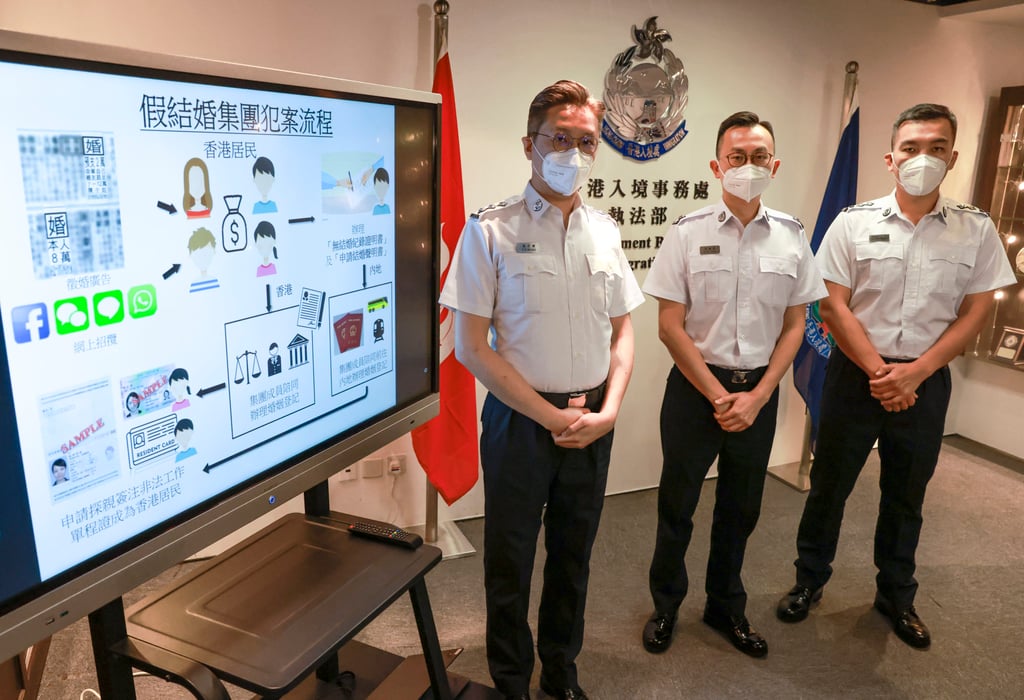 Immigration Department officers Wong Tsz-kin (left), Yung Ka-wai and Lam Chun-yip. Photo: May Tse Immigration Department officers Wong Tsz-kin (left), Yung Ka-wai and Lam Chun-yip. Photo: May Tse