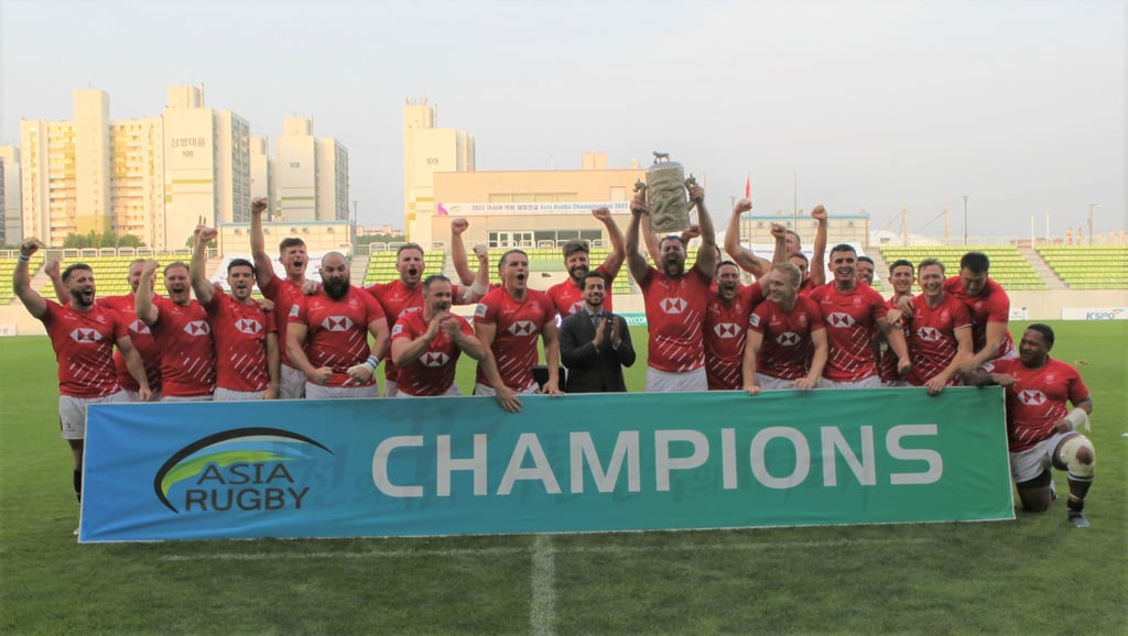Hong Kong celebrate winning the Asia Rugby Championship after their 23-21 win over South Korea. Photo: Asia Rugby Hong Kong celebrate winning the Asia Rugby Championship after their 23-21 win over South Korea. Photo: Asia Rugby