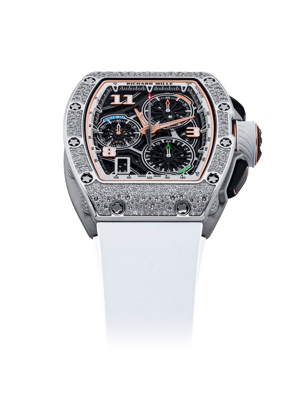 The new white gold with snow set diamond iteration of the RM 72-01 Lifestyle In-House Chronograph.