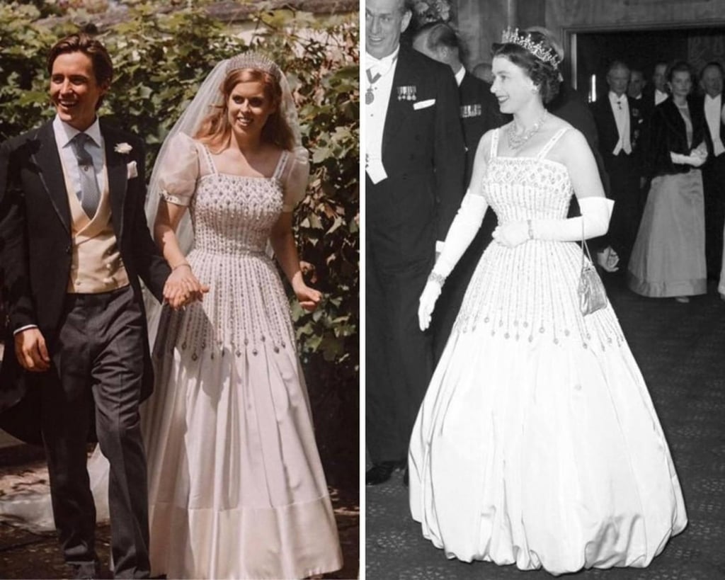 Princess Beatrice and her fiancé Edoardo Mapelli Mozzi; Beatrice wore a vintage dress from her grandmother Queen Elizabeth, and also the queen’s tiara that the from her wedding in 1947.⁠ Photos: @allaboutfashionhistory/Instagram