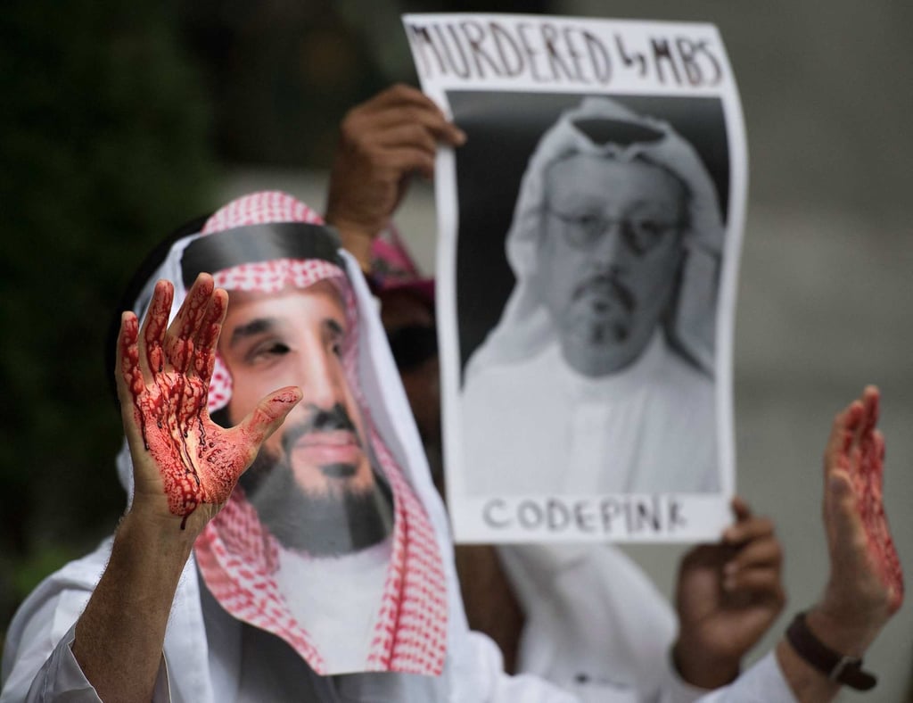 A demonstrator dressed as Saudi Crown Prince Mohammed bin Salman with blood on his hands protests against the killing of Jamal Khashoggi in Washington in 2018. Photo: AFP A demonstrator dressed as Saudi Crown Prince Mohammed bin Salman with blood on his hands protests against the killing of Jamal Khashoggi in Washington in 2018. Photo: AFP