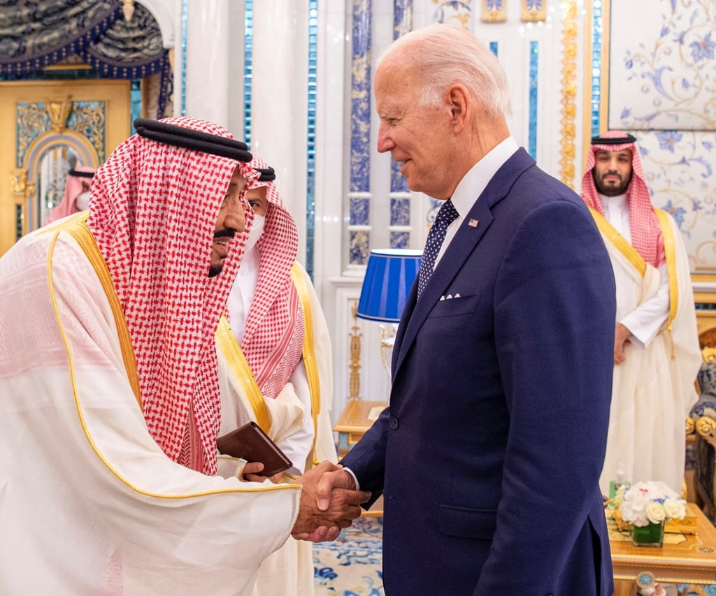 Saudi King Salman bin Abdulaziz receives US President Joe Biden at Al Salman Palace upon his arrival in Jeddah, Saudi Arabia on Friday. Photo: Saudi Royal Court via Reuters Saudi King Salman bin Abdulaziz receives US President Joe Biden at Al Salman Palace upon his arrival in Jeddah, Saudi Arabia on Friday. Photo: Saudi Royal Court via Reuters