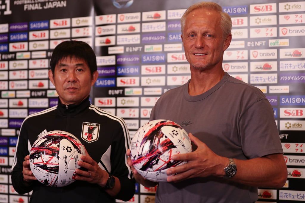 Japanese coach Hajime Moriyasu with Hong Kong coach Jorn Andersen at the EAFF press conference. Photo: HKFA