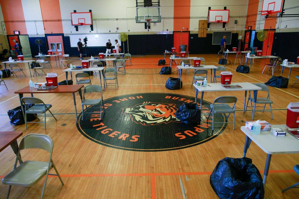 Medical supplies are arranged on the tables before the opening of a Monkeypox mass vaccination site at the Bushwick Educational Campus. File photo: AFP