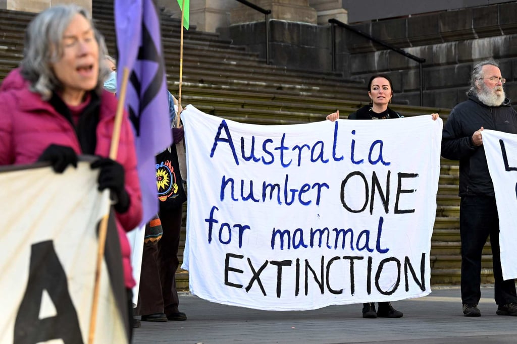 Protesters hold signs and banners at a rally in Melbourne on Tuesday following the release of the Australian government’s environment report. Photo: AFP