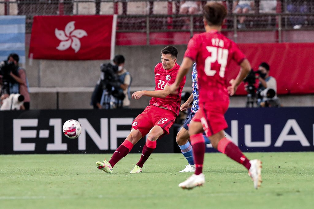 Centre back Vas Nunez plays the ball against against Japan. Photo: HKFA