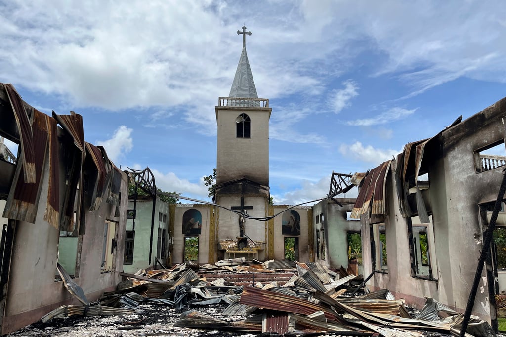 A church that was destroyed after allegedly being mined and burned down by junta troops is seen in Daw Ngay Ku village, eastern Myanmar’s Kayah state. Photo: Amnesty International via AP A church that was destroyed after allegedly being mined and burned down by junta troops is seen in Daw Ngay Ku village, eastern Myanmar’s Kayah state. Photo: Amnesty International via AP