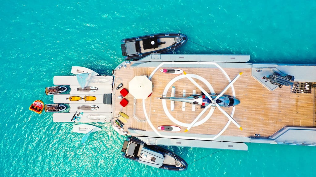 Superyacht Bold’s helipad is one of its key features. Photo: Northrop and Johnson
