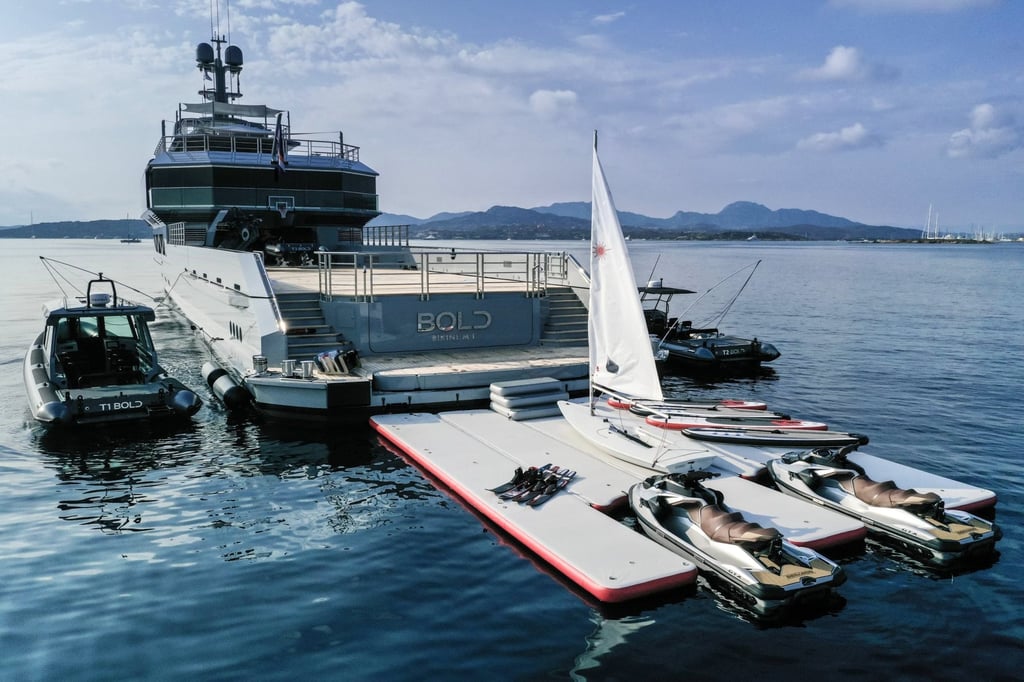 Superyacht Bold has plenty of toys to play with, as well as a helipad so you can jet off to a different locale more easily. Photo: Northrop and Johnson