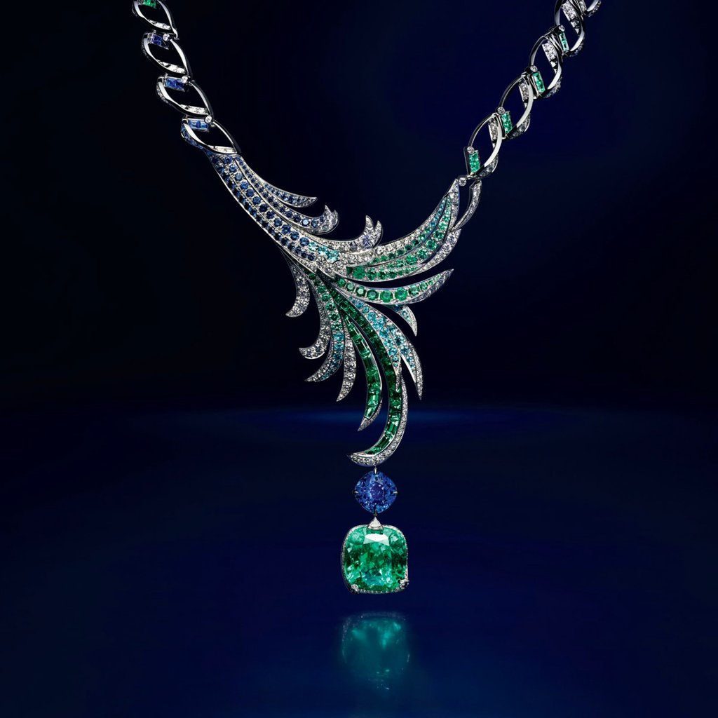 Chaumet’s Gulfstream necklace is set with a cushion-cut emerald of 25 carats from Colombia, among others.