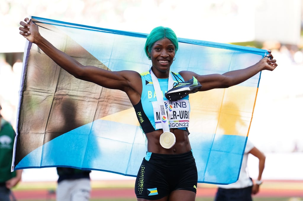 Shaunae Miller-Uibo celebrates winning the Women’s 400m final on day eight of the World Athletics Championships in Oregon. Photo: dpa