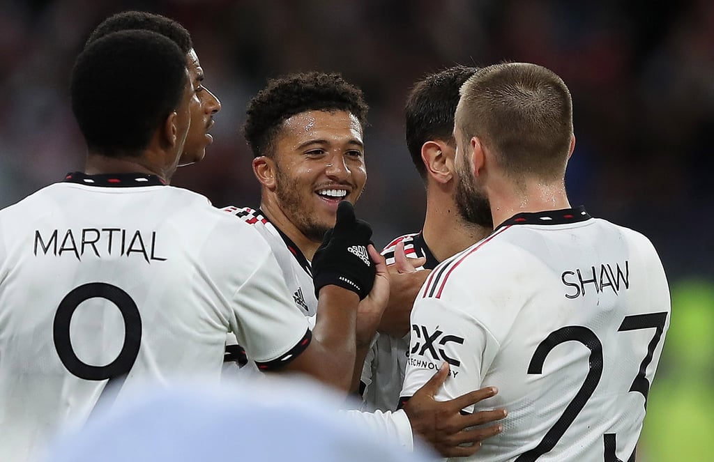 Jadon Sancho of Manchester United celebrates scoring against Aston Villa. Photo: EPA-EFE