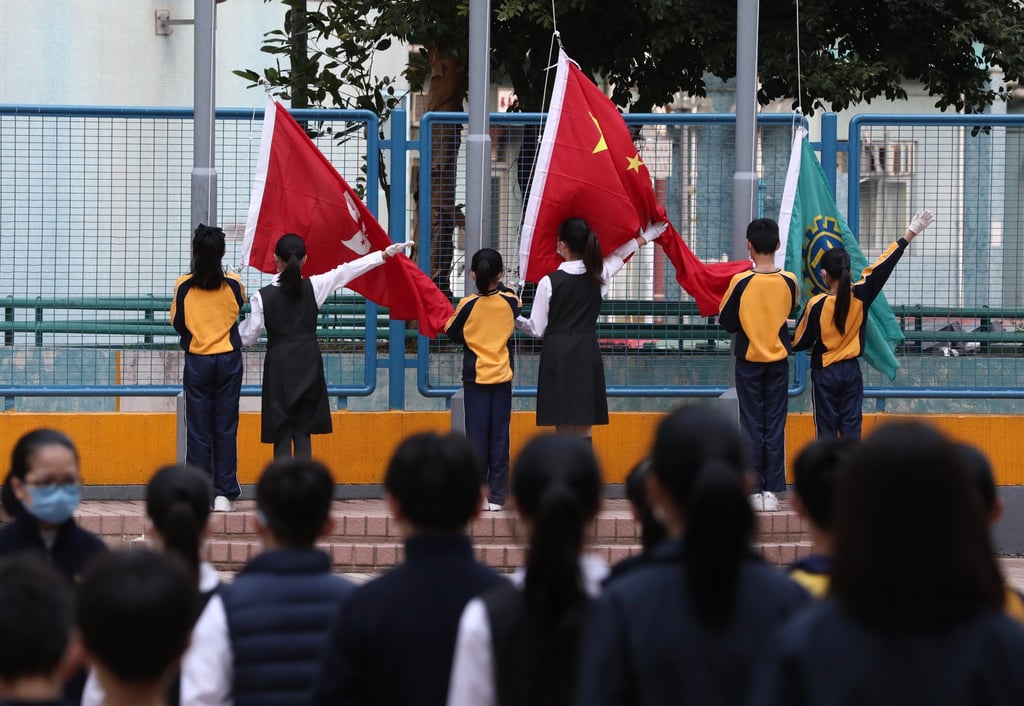 FA flag raising ceremony at Buddhist Lim Kim Tian Memorial Primary School in Kwai Fong. Photo: Jonathan Wong