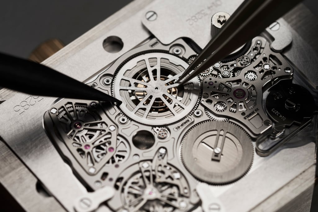 A close-up of the movement in the ultra-slim Richard Mille UP-01 Ferrari watch, of which the case is made from grade 5 titanium.