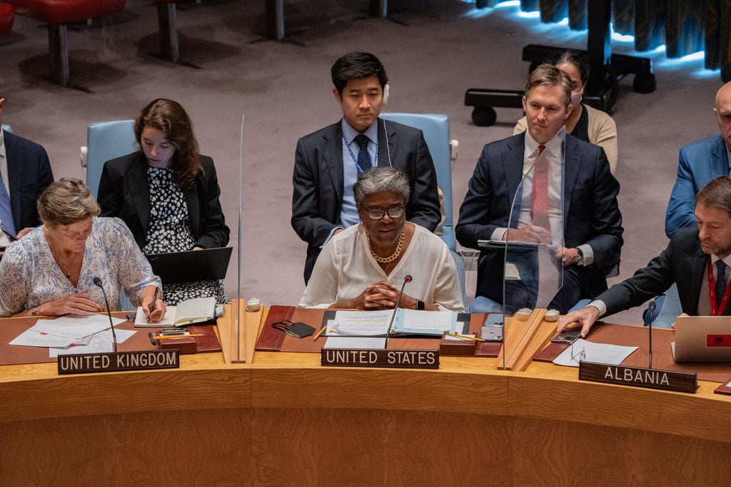 United States Ambassador to the United Nations, Linda Thomas-Greenfield reads a statement during a meeting of the United Nations Security Council about the maintenance of peace and security of Ukraine, at the UN headquarters in New York City on Friday. Photo: Reuters