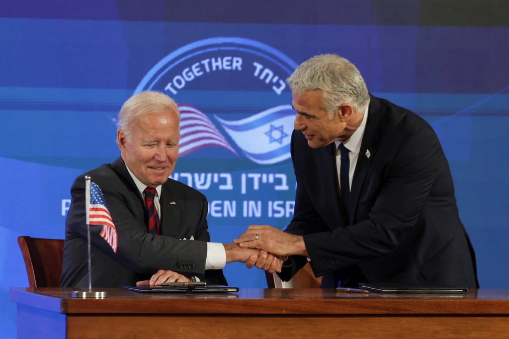 US President Joe Biden and Israeli Prime Minister Yair Lapid, in Jerusalem, attend the first virtual meeting of the I2U2 with the leaders of India and the UAE on July 14. Photo: Reuters US President Joe Biden and Israeli Prime Minister Yair Lapid, in Jerusalem, attend the first virtual meeting of the I2U2 with the leaders of India and the UAE on July 14. Photo: Reuters
