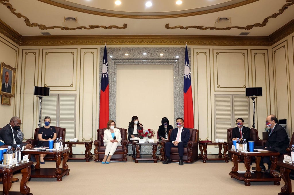 US House Speaker Nancy Pelosi, left, meets Taiwan’s lawmakers at the Legislative Yuan in Taipei on August 3, 2022. Photo: Central News Agency/Bloomberg