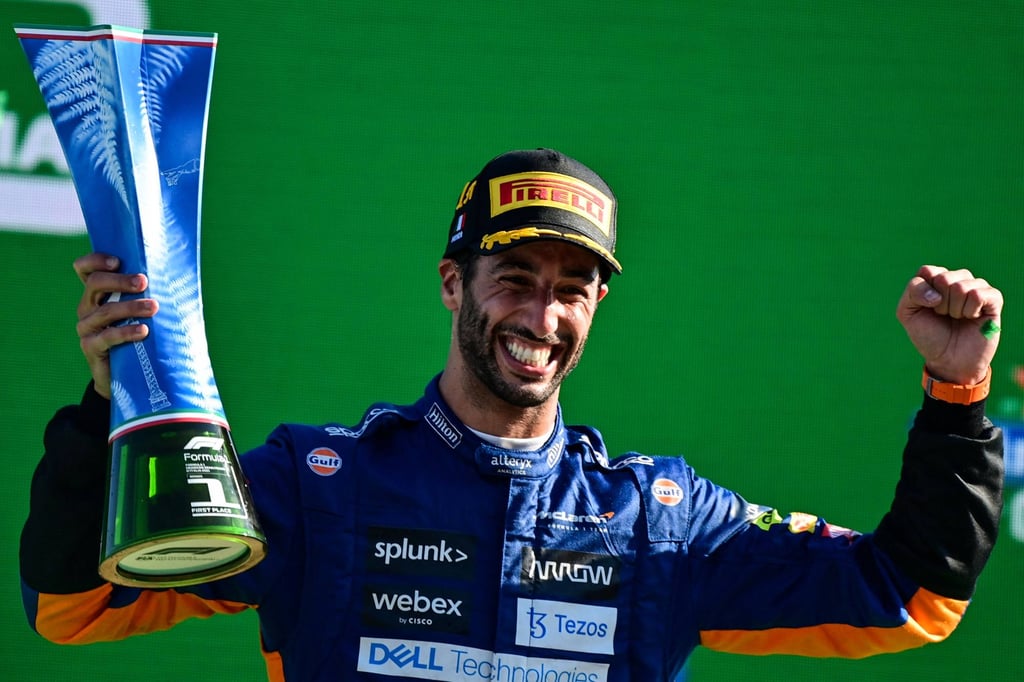 McLaren’s Daniel Ricciardo celebrates winning the Italian Formula One Grand Prix in Monza in September 2021. Photo: AFP