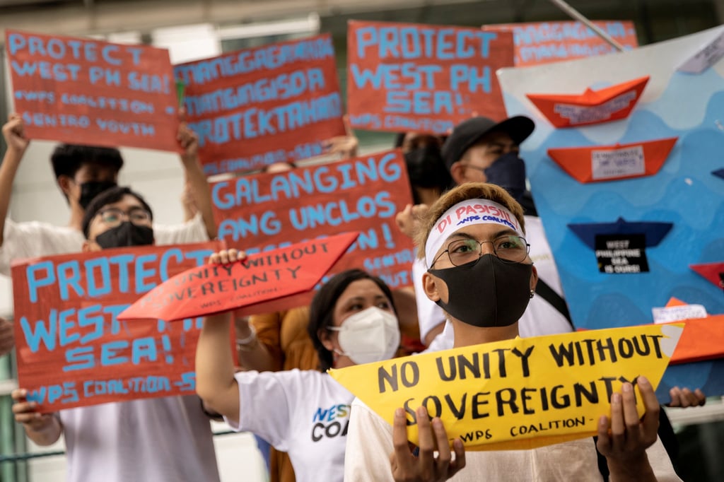 Activists in the Philippines stage a protest in July 2022 on the sixth anniversary of an international tribunal ruling that invalidated China’s historical claims in the South China Sea. Photo: Reuters Activists in the Philippines stage a protest in July 2022 on the sixth anniversary of an international tribunal ruling that invalidated China’s historical claims in the South China Sea. Photo: Reuters