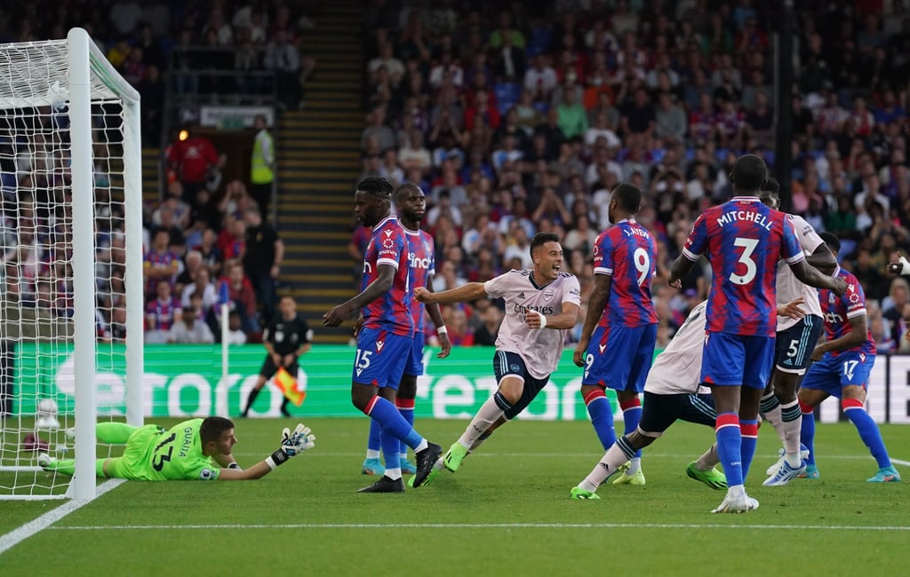 Arsenal’s Gabriel Martinelli celebrates scoring his side’s first goal against Crystal Palace at Selhurst Park. Photo: dpa