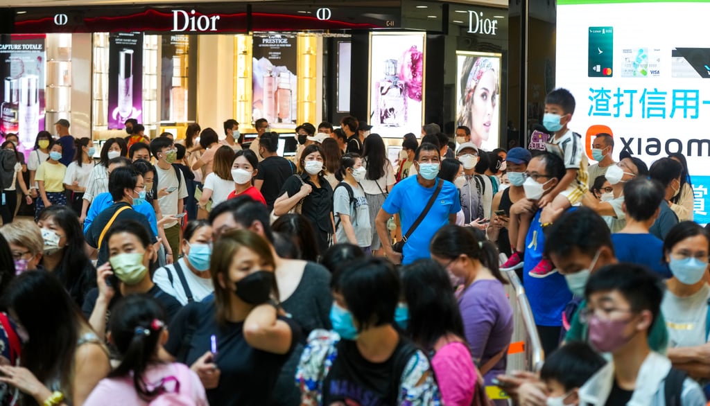 Shoppers flock to a shopping mall in Kwun Tong on August 7, 2022, the day Hong Kong started distributing the latest round of payments in its Consumption Voucher Scheme. Photo: SCMP / Sam Tsang