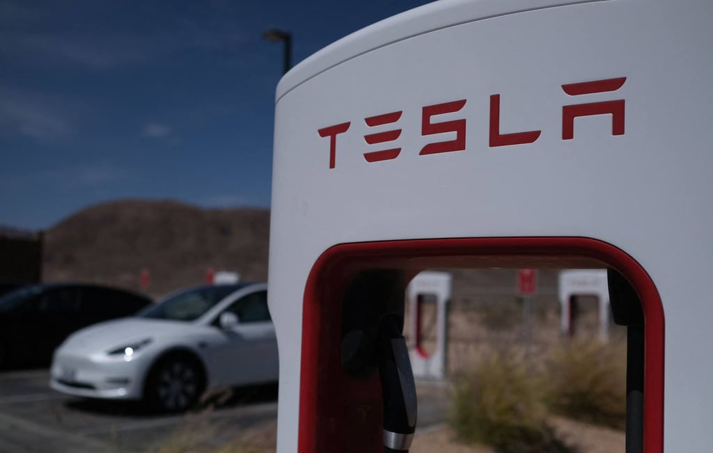 Tesla cars are seen at charging stations in California, US, on May 14. Photo: AFP Tesla cars are seen at charging stations in California, US, on May 14. Photo: AFP