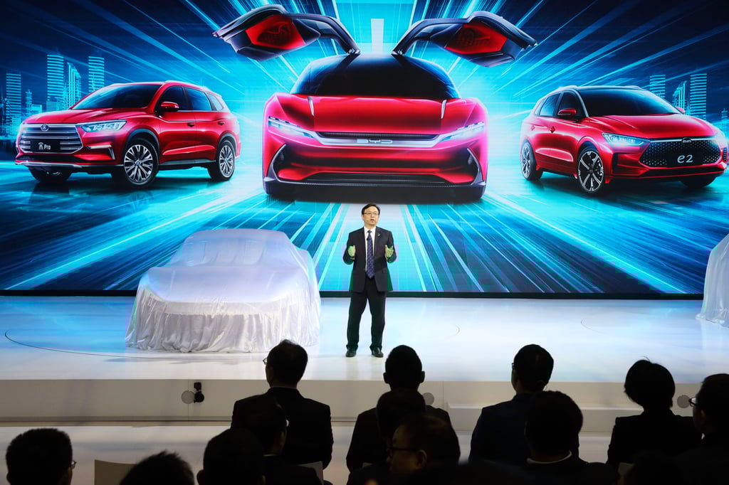 Wang Chuanfu, chairman and president of BYD Auto, the biggest global electric brand by sales volume, prepares to show the latest cars during the Auto Shanghai 2019 show in Shanghai. Photo: AP Wang Chuanfu, chairman and president of BYD Auto, the biggest global electric brand by sales volume, prepares to show the latest cars during the Auto Shanghai 2019 show in Shanghai. Photo: AP