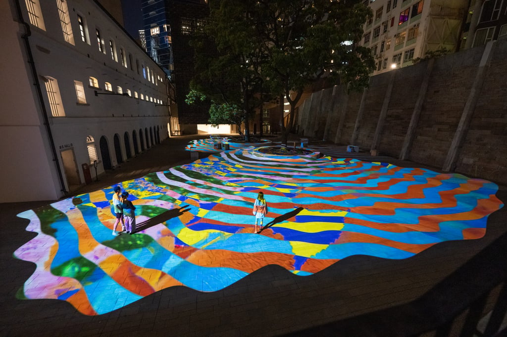 “Water Tiger Colour Balm” (2022), an outdoor video installation by Rist in Tai Kwun’s Prison Yard. Photo: Tai Kwun Contemporary