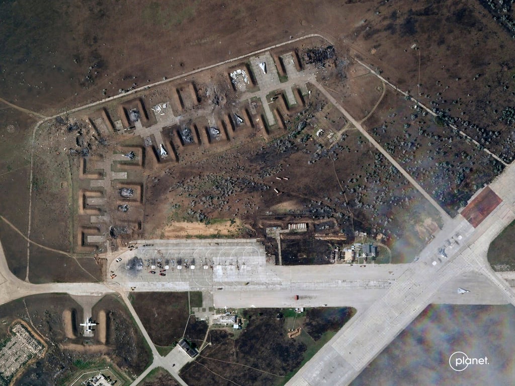 A satellite image shows destroyed Russian aircraft at the Saki airbase after an explosion on Tuesday. Image: Planet Labs PBC via AP