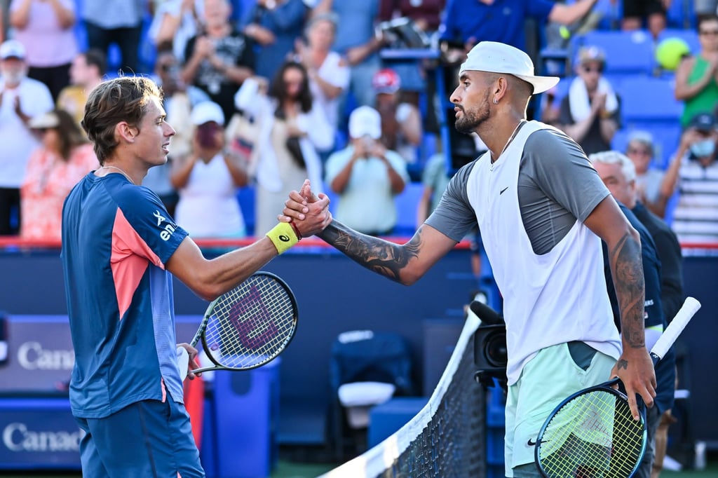 Alex de Minaur of Australia congratulates Nick Kyrgios on his victory on Day 6 of the National Bank Open. Photo: AFP Alex de Minaur of Australia congratulates Nick Kyrgios on his victory on Day 6 of the National Bank Open. Photo: AFP