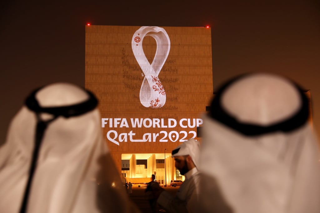 The official emblem of the Fifa World Cup is unveiled at the Qatar National Archive Museum. Photo: Getty Images The official emblem of the Fifa World Cup is unveiled at the Qatar National Archive Museum. Photo: Getty Images